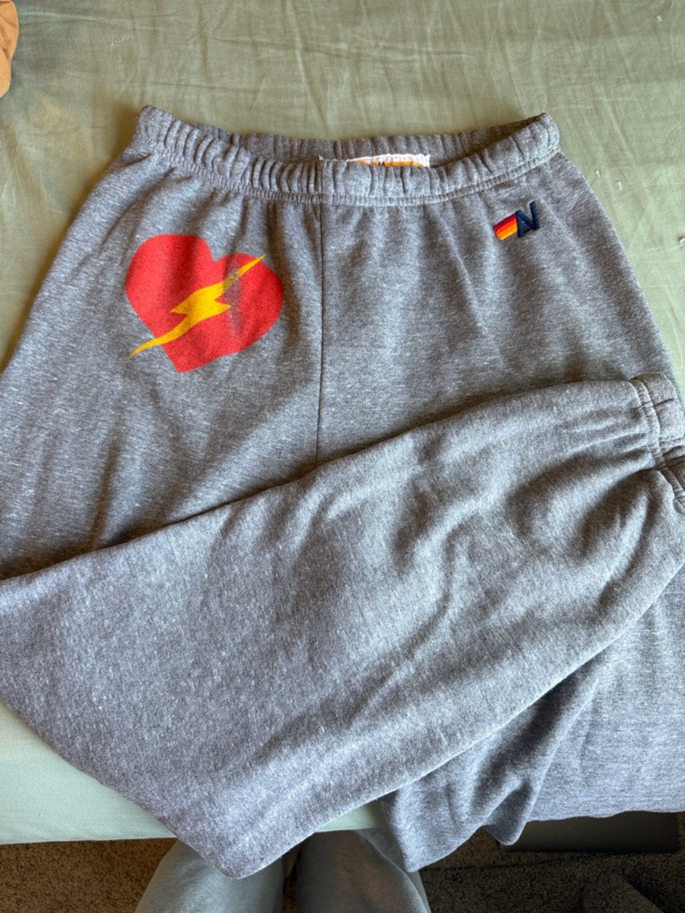 Aviator Nation Gray Sweatpants with Red Heart & Yellow Lightning